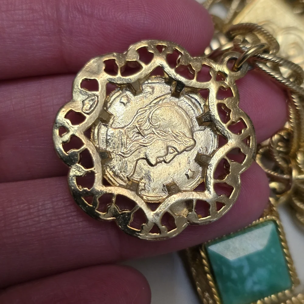 Vintage Gold-Tone Charm Bracelet with Green and Multicolor Gem Accents - Picture 8 of 14